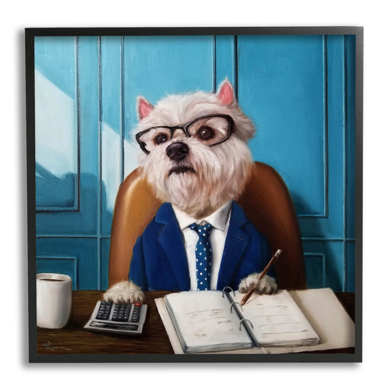 «Office Worker Terrier Dog» par Lucia Heffernan - Impression sur bois, Giclée encadrée noir minuit