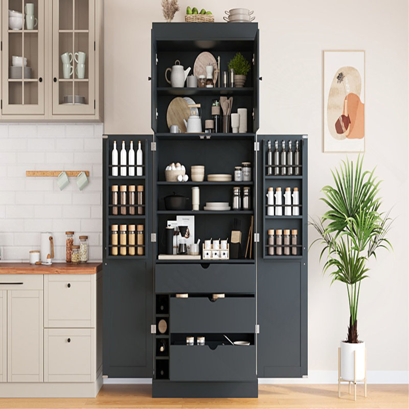 Garde-manger autoportant de 77 po de hauteur, armoire de rangement moderne de style Shaker de L 35 po x l 17,7 po avec tablettes réglables, tablettes de porte, tiroirs et porte-bouteilles