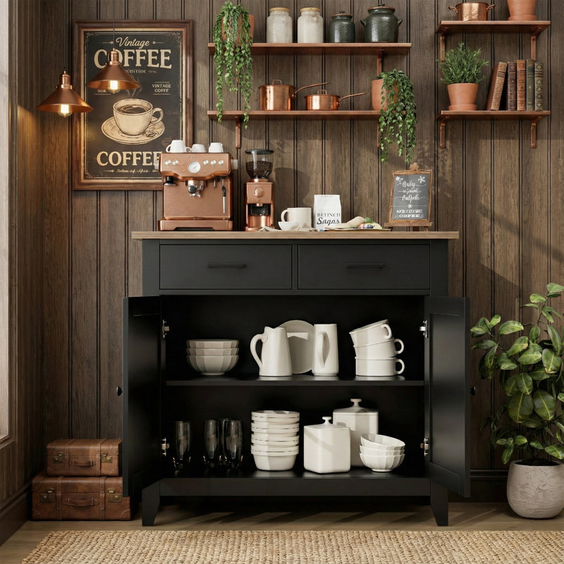 Armoire de cuisine, 2 tiroirs + 2 portes, noir / brun, l 48 po, Noir