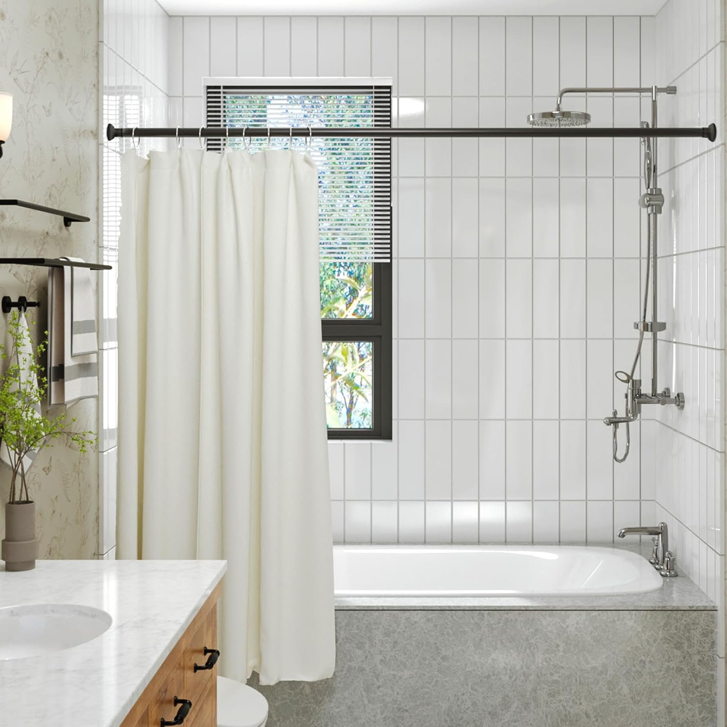 Tringle De Douche Extensible Noire 48-96 Pouces - Installation Sans Perçage, Ressort Résistant