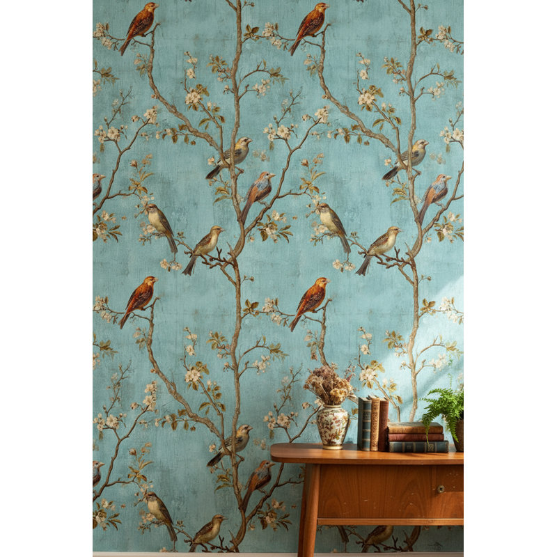 Lark Manor Vintage Birds Wallpaper Blue Branches Decorative Mural ...