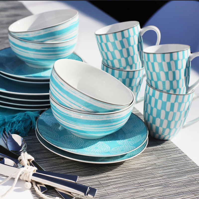 Turquoise and White Ceramic Outdoor Dinnerware Set, Service for 4