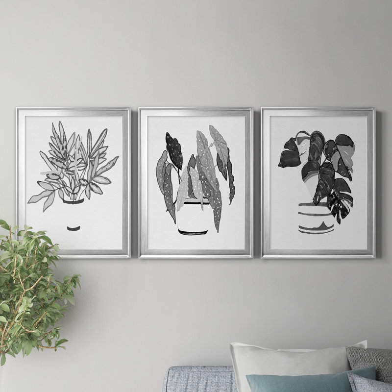 B&W d'intérieur plante IV - ensemble de 3 peintures sur toile encadrées, H 30,5 po x l 127,5 po x P 4,5 po, Argent