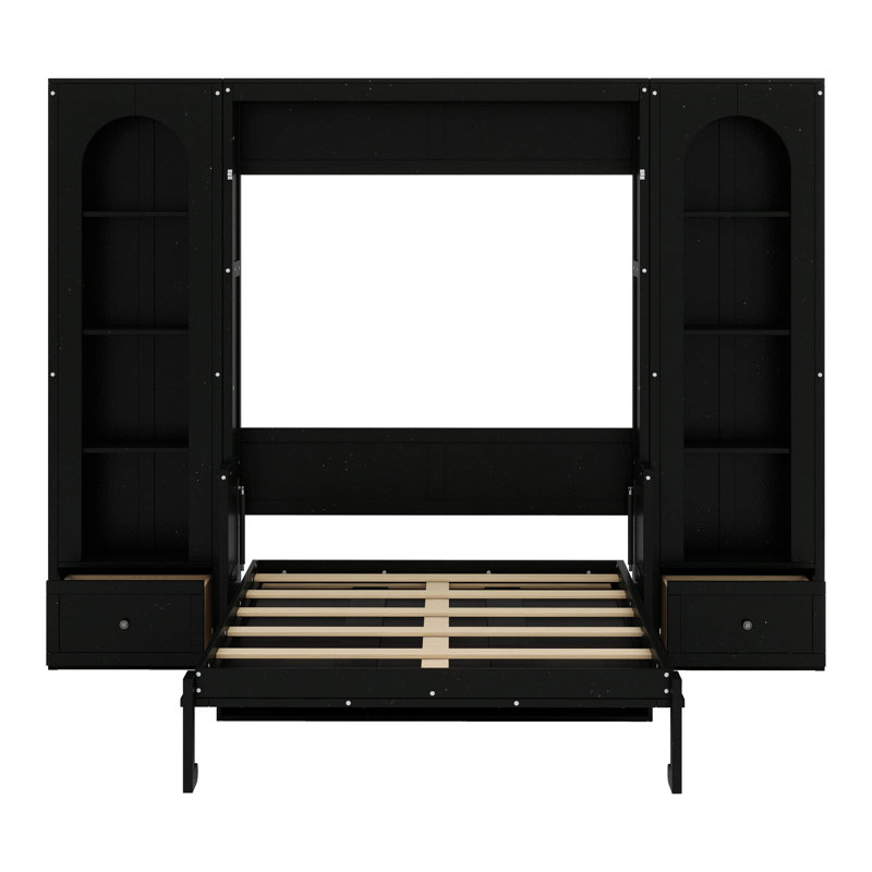 Grand lit plateforme escamotable avec tablette, armoires latérales, tiroirs de rangement et éclairage DEL, Noir