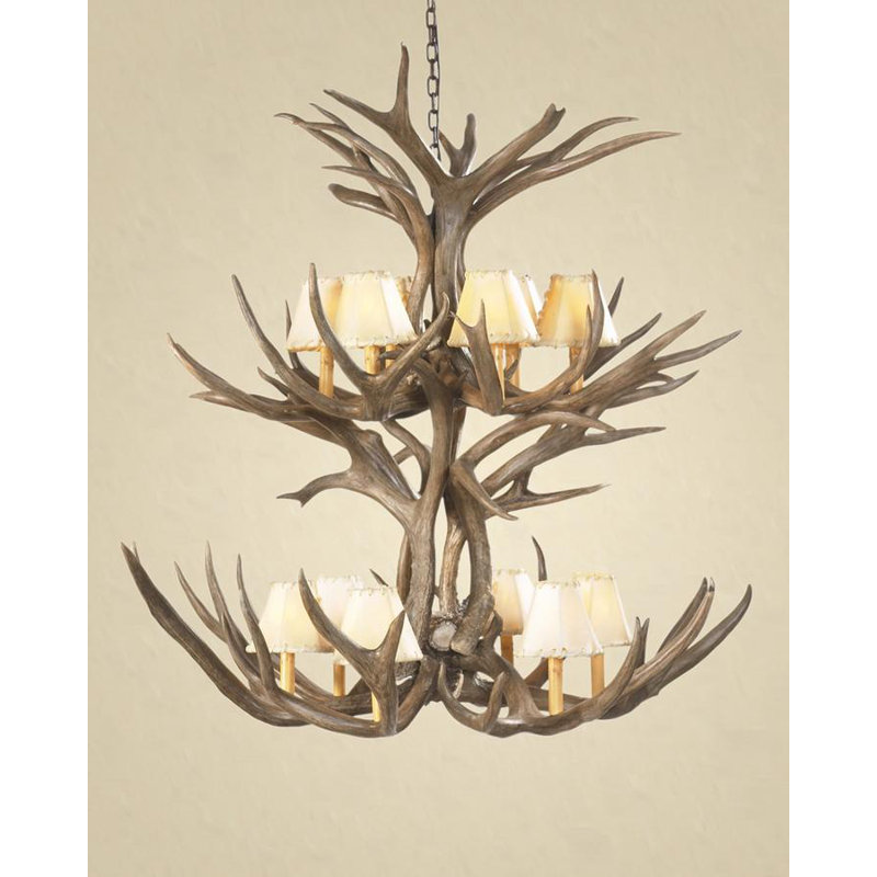 Lustre à plusieurs niveaux 12 lumières de style bougie mule/cerf antler, Blanchie au soleil, 38”H x 36”W x 36”D