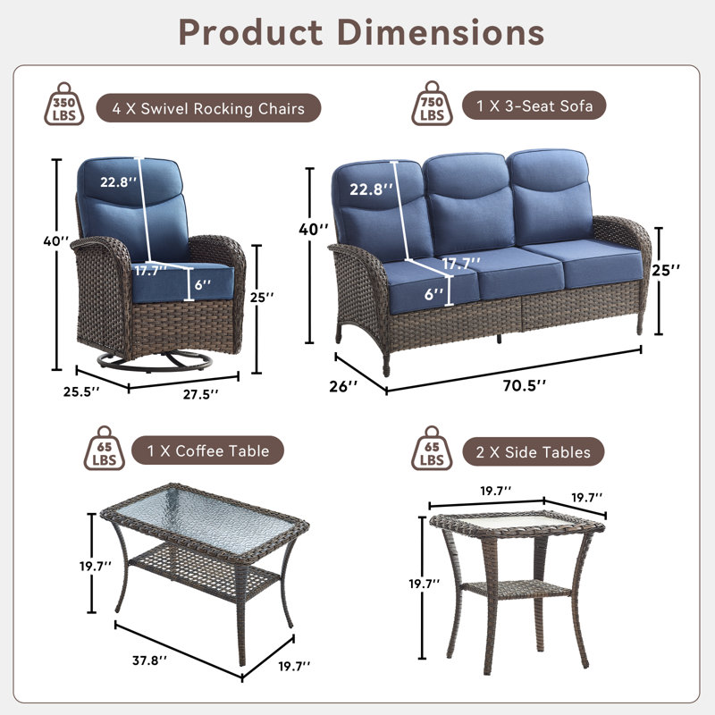 Luxury Outdoor Swivel Rocker Patio Chairs With 6-Inch Thick Cushions, High Back Swivel Glider Patio Chairs, 8PCS Wicker Outdoor Furniture Set For Porch, Patio, Yard, Deck, Poolside
