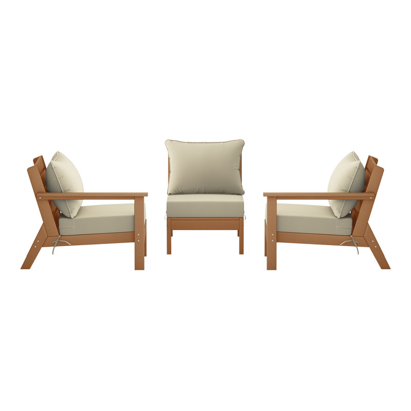 3-Piece Deep Seating Set With Cushions, Beige, Teak
