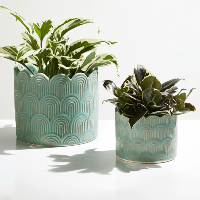 Weeda Decorative Planters Ceramic And Stoneware With Textured Scallop Design And Curved Rim Detailing Set Of 2, Green