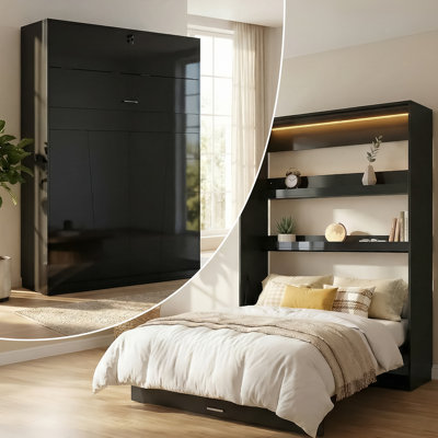 Minimalist High-gloss Murphy Bed With Rgb Led – Gas-lift, Storage Shelves, Mattress-ready Slats