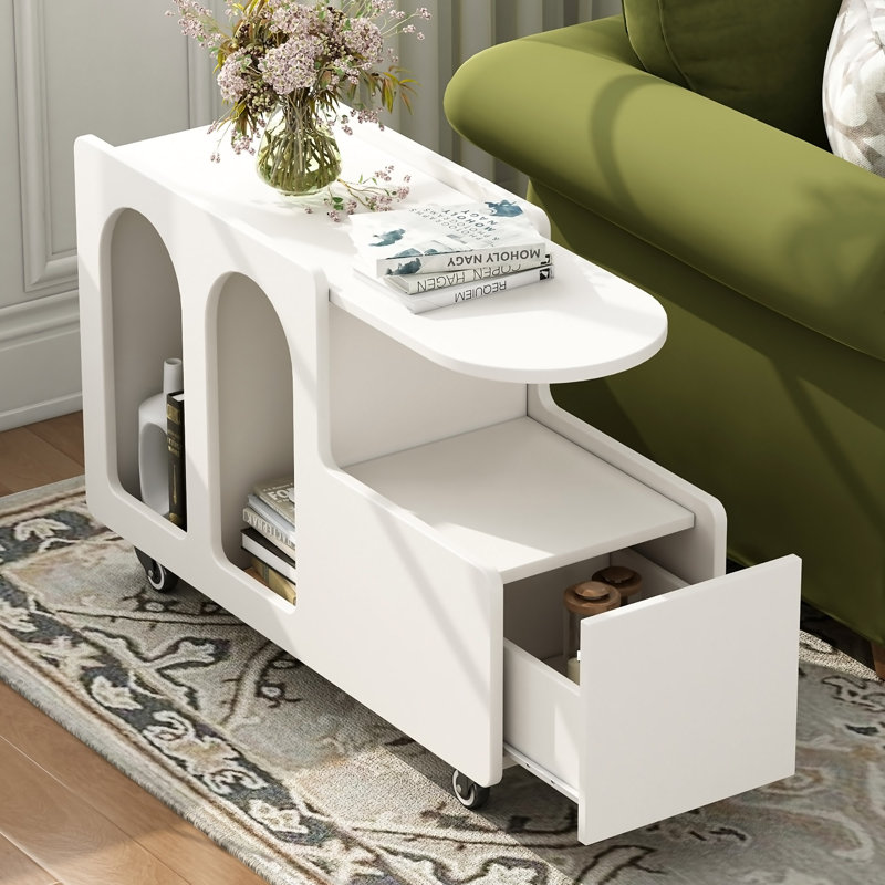 Mobile End Table With Lockable Wheels, Cream Style Side Table With Storage Drawer, 11.8Inch Narrow Nightstand With Multi-Layer Storage, Living Room