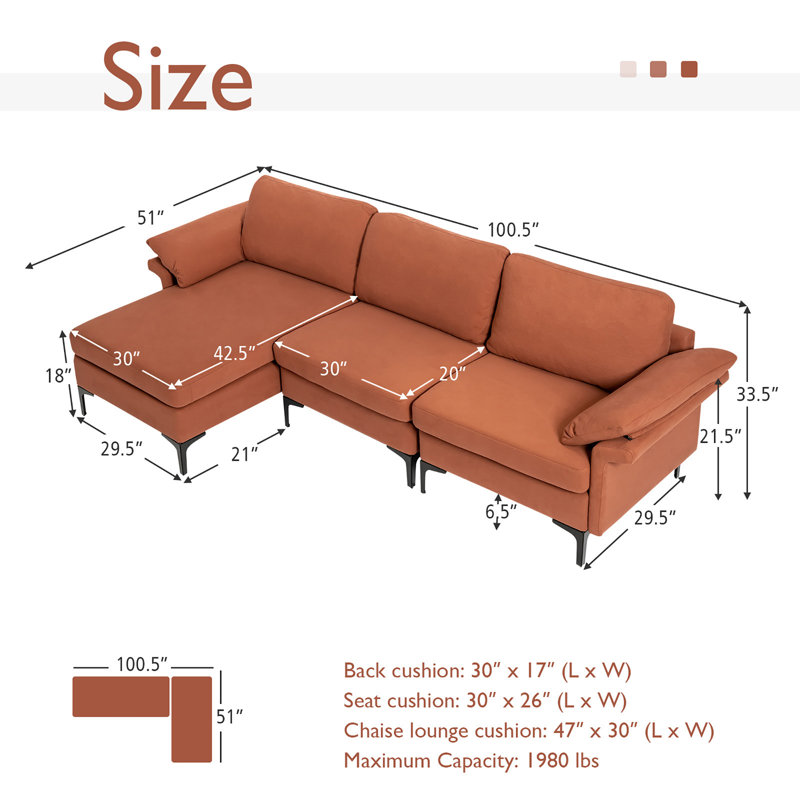 Deijon Upholstered L-Shaped Sectional Reversible, Rust Red Lint