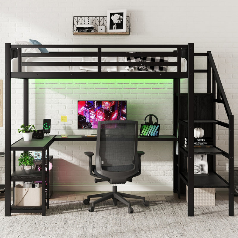 Lit mezzanine fonctionnel en métal avec garde-robe intégré, bureau en L, charge USB et éclairage à DEL pour une utilisation optimale de l'espace