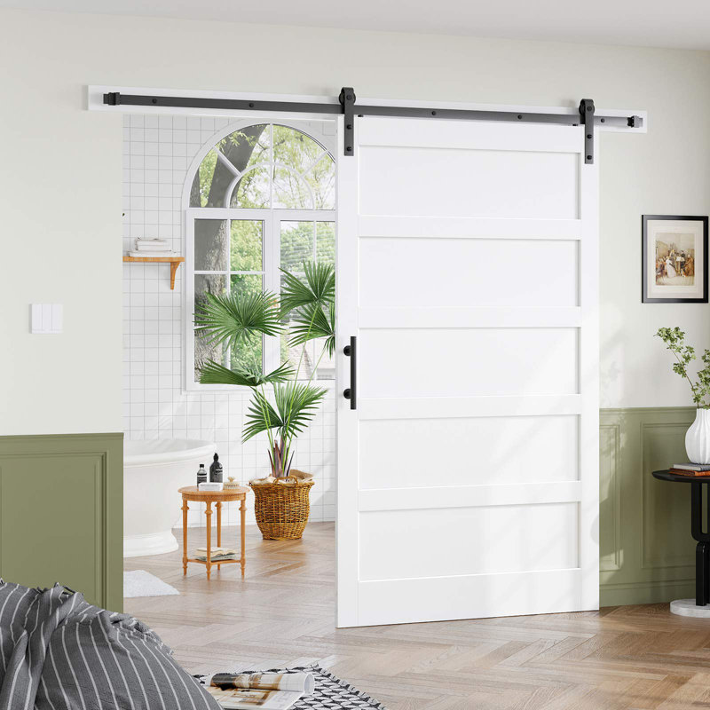 Porte de grange en bois manufacturé à 5 panneaux avec quincaillerie d'installation, 54 po x 80 po