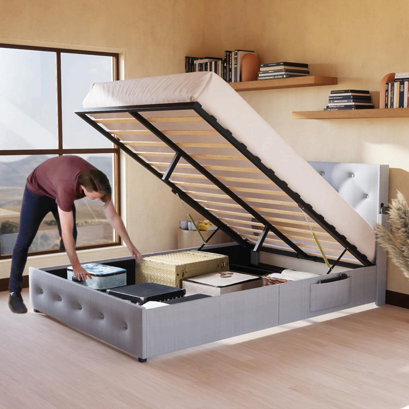 Cadre de lit grand format avec rangement - Lit de rangement relevable avec tête de lit moderne à oreilles, ports USB