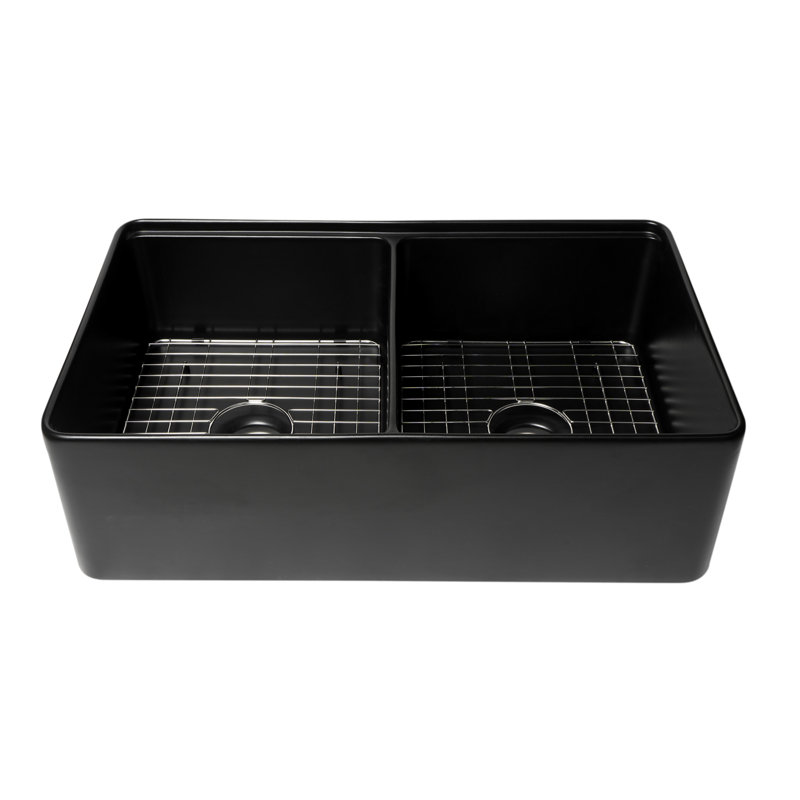 Évier de ferme en argile réfractaire à double cuve avec rebord à cuve avec accessoires 33 po x 20 po ABFS3320D-W