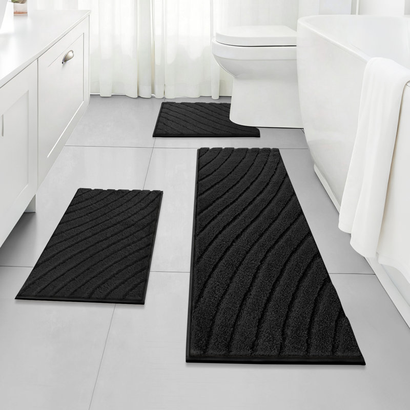 Super Absorbent Non-Slip Bathroom Rug Mats (Set of 3), Black