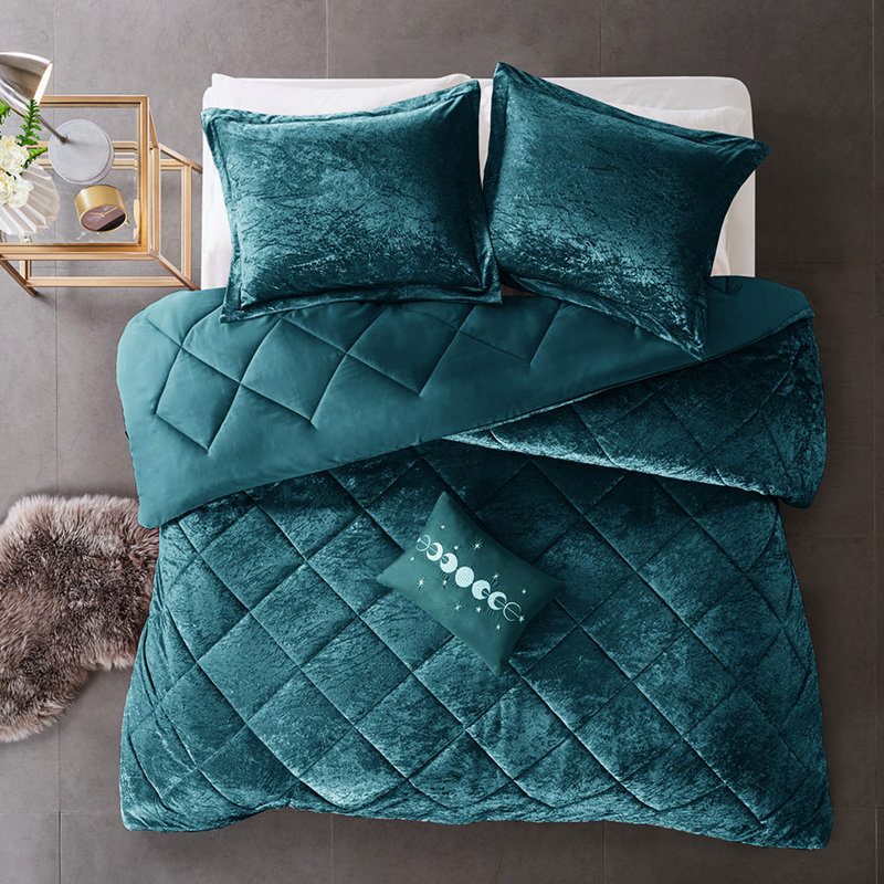 Édredon en velours de luxe pour lit simple / simple TG - Remplissage diamant sarcelle avec coussin décoratif Literie lavable à la machine