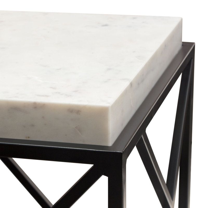 Plymouth 18" Square White Marble and Black Metal Accent Table