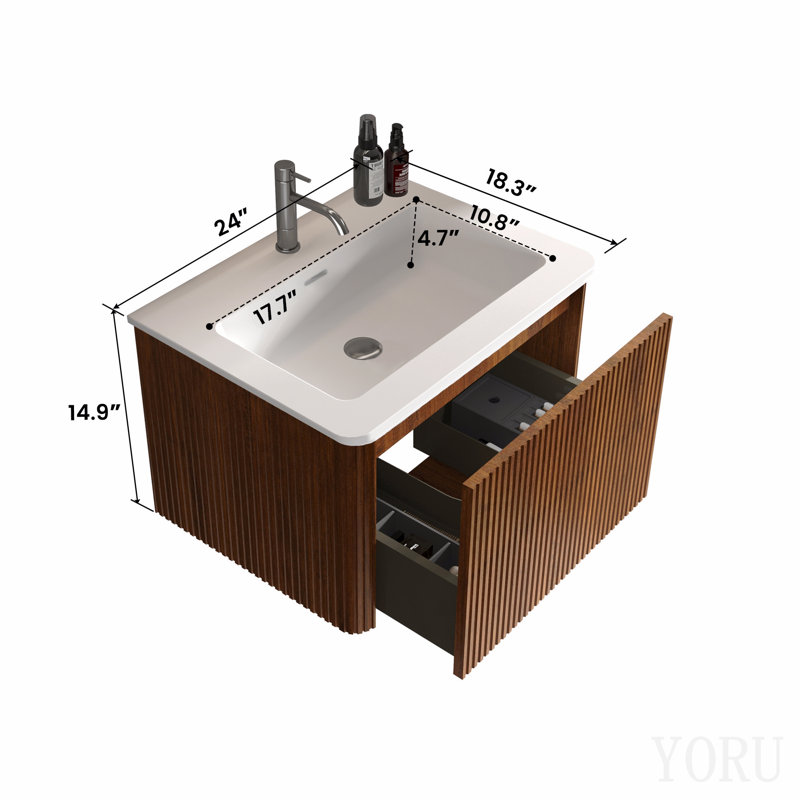 Meuble-lavabo 24 po en noyer rayé avec lavabo à surface solide blanc, meuble-lavabo mural flottant pour salle de bain moderne, pré-assemblé