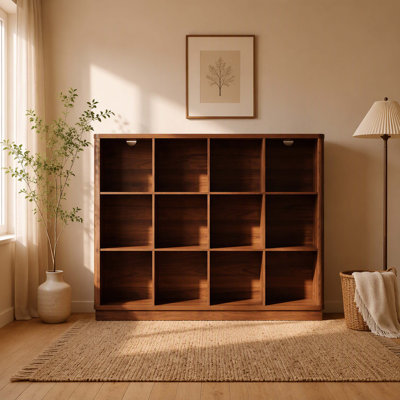 12-Cube Modular Cube Storage Organizer Bookcase, Curved Edge Design, 41" Walnut 3-Tier Display Shelf for Living Room, Bedroom & Home Office