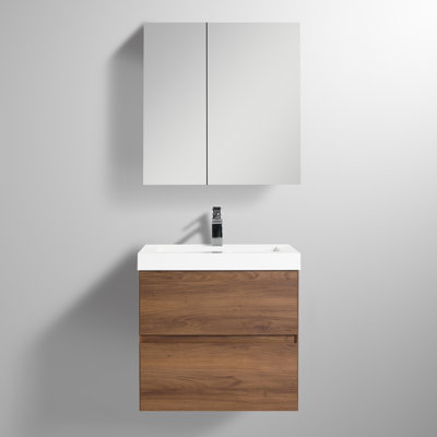 Meuble-lavabo mural 24 po avec lavabo - Armoire murale en bois avec plateau en acrylique, tiroirs à fermeture en douceur et meuble-lavabo simple moderne