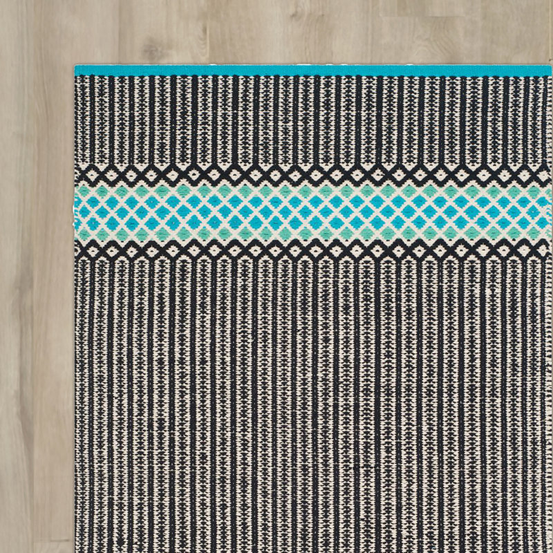 Annia Handwoven Flatweave Cotton Black/Blue Area Rug, Rectangle 6' x 9'