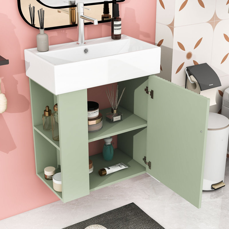 Meuble-lavabo flottant moderne avec lavabo en céramique, Vert