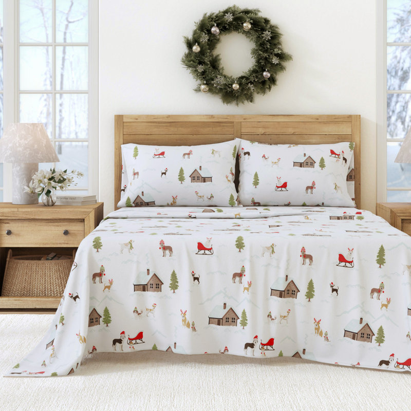 100% Turkish Cotton Flannel Christmas Sheet Sets, Winter Pups, Full with 2 Pillowcases