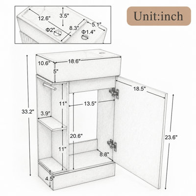 Meuble-lavabo de salle de bain de 47,2 cm (18,6 po) avec lavabo et tablette à deux niveaux, bois naturel, orientation gauche ou droite