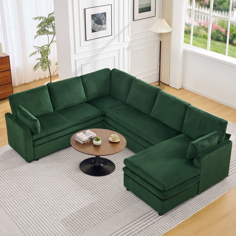  Modular Sectional Sofa with Chaise Lounge, Comfy Deep Dual-Layer Cushion Couch, Green, 7 Seater Right Chaise Couch