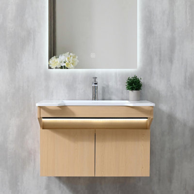 32'' Wall Mounted Single Bathroom Vanity with Solid Surface Top, Motion Sensor LED Light