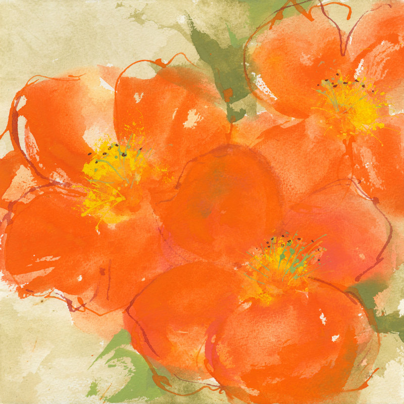 «Tangerine Poppies II» par Chris Paschke - peinture sur toile tendue, H 12 po x l 12 po, Non, Toile tendue