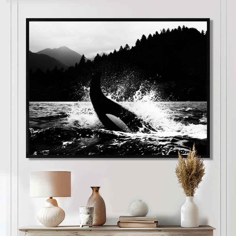 Orque éclaboussant dans l'eau, monochrome, décor d'art mural bord de mer, H 12 po x l 20 po, Toile flottante noire encadrée
