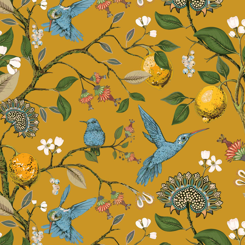 Fancy Hummingbird Patterned  Room Darkening Curtain,Rod Pocket Back Tab Floral Drapes,Set of 2, 52" W x 72" L, Mustard Yellow