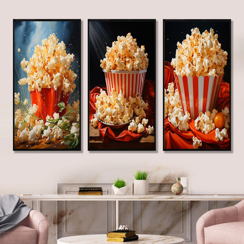 Carnival Kernels Bright Pop Corn Fiesta I - Popcorn, ensemble de 3 reproductions d'art sur toile, Cadre flottant noir