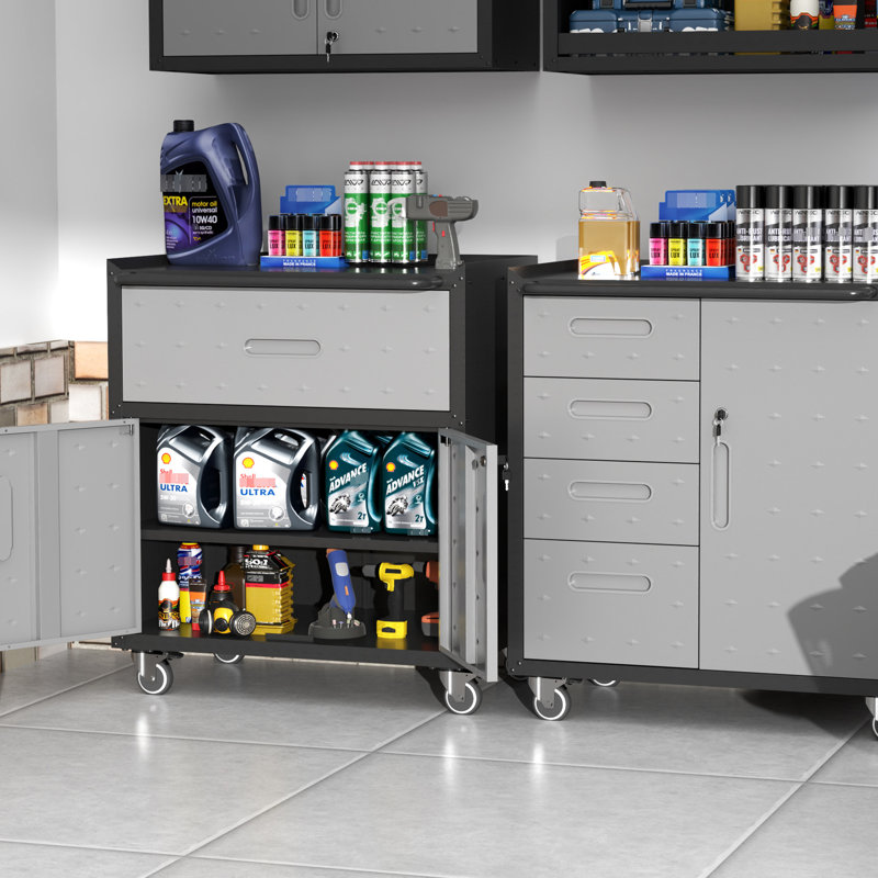 Armoire à outils roulante en métal - l 29,95 po x P 16,68 po x H 34,07 po, 1 tiroir, 2 portes verrouillables, unité de rangement noire et grise avec roues
