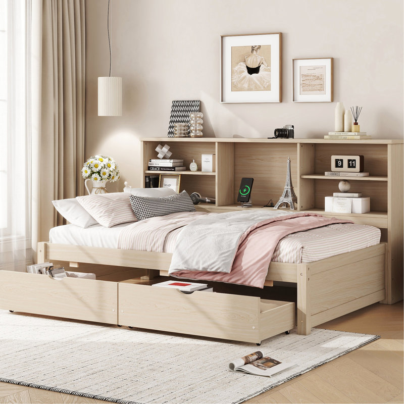 Twin Daybed With Sideboard, 2 Drawers, Charging, Natural Hue Side Built-In , Color Finish, Natural