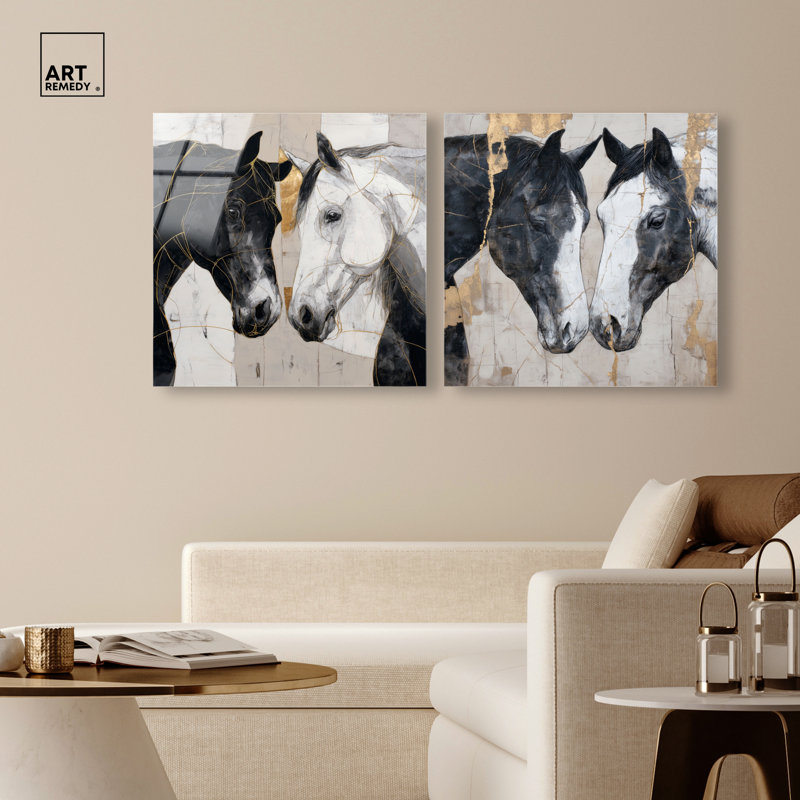 «Kintsugi Horses Duet», ensemble de décorations murales Boho par Art Remedy, prêt à accrocher, 40 x 40, 40"H x 40"W