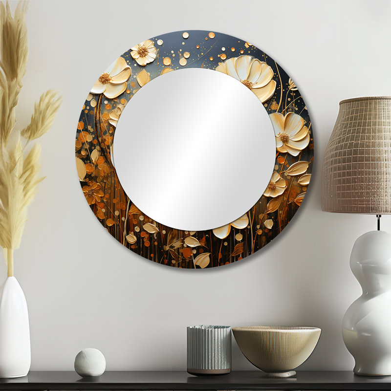 Wildflowers Golden Petals Pointillism Dot - miroir fleurs sauvages, miroir mural rond jaune, impression sur métal