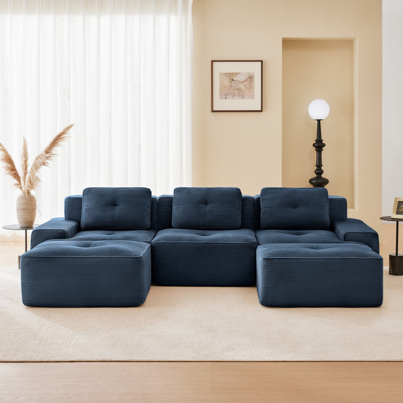 Canapé modulaire en forme de U 117 po avec repose-pieds mobile 117 po, Velours côtelé bleu