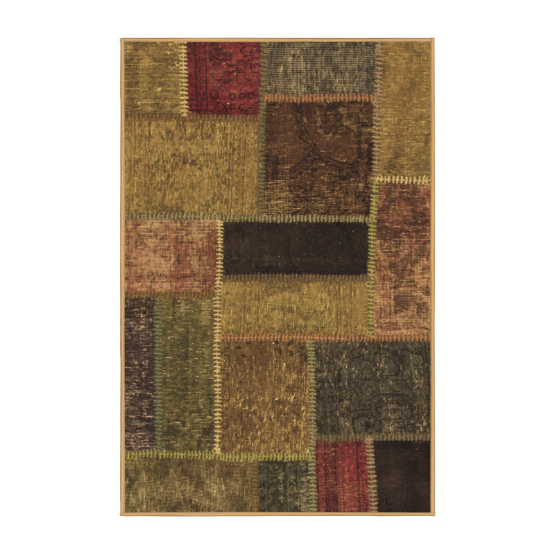 Tapis géométrique en laine / polyester tissé à la machine en brun / rouge / vert, Rectangle 2 pi x 3 pi