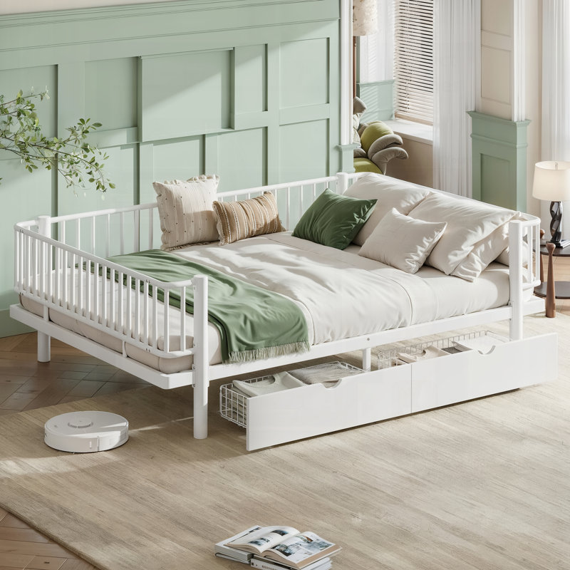 Lit plateforme avec tiroirs de rangement, structure de lit de jour en métal avec conception de tuyau rond de sécurité améliorée, conception à profil bas pour les chambres modernes