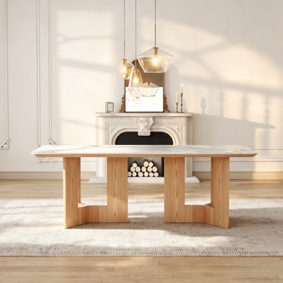 Table de salle à manger rectangulaire en pierre frittée, piètement en bois massif, 210 cm (82,6 po), 6 à 8 couverts