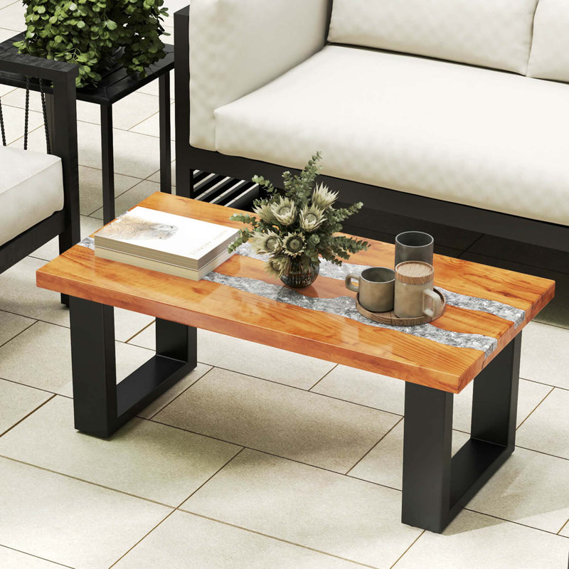 Teak Wood Patio Table With  River Feel Epoxy Tabletop Indoor Outdoor Side Table