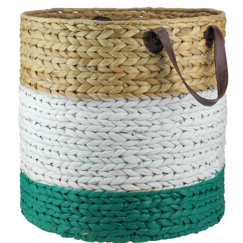 16" Beige White and Teal Braided Wicker Basket with Handles