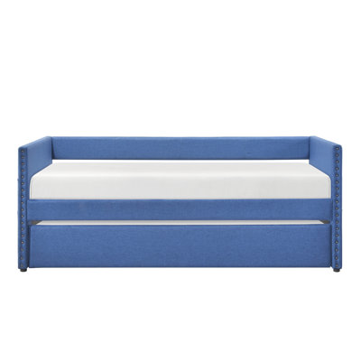 Modern Daybed Pull-Out Trundle Side Pockets Blue Upholstery Nailhead Trim Bedroom Living Room Furniture