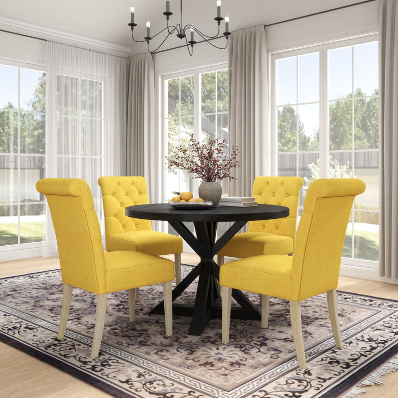 August Grove® Coit 5-Piece Dining Set, Cross-Buck Round Table With 4 Tufted Chairs, Yellow