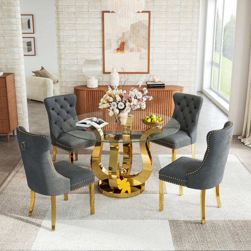 Modern 47" Round Glass Dining Table Set, 0.39" Tempered Glass Top, Polished Floral Stainless Steel Base, Velvet Chairs With Tufted Back & Nailhead Trim