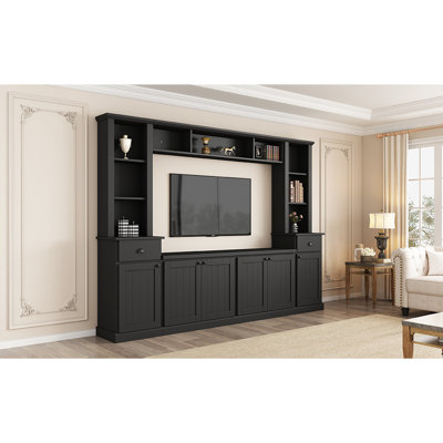 All - In One Tv Stand With Overhead Bridge, Adjustable Shelves And Finish Quality, Black Color Long Term Durability,