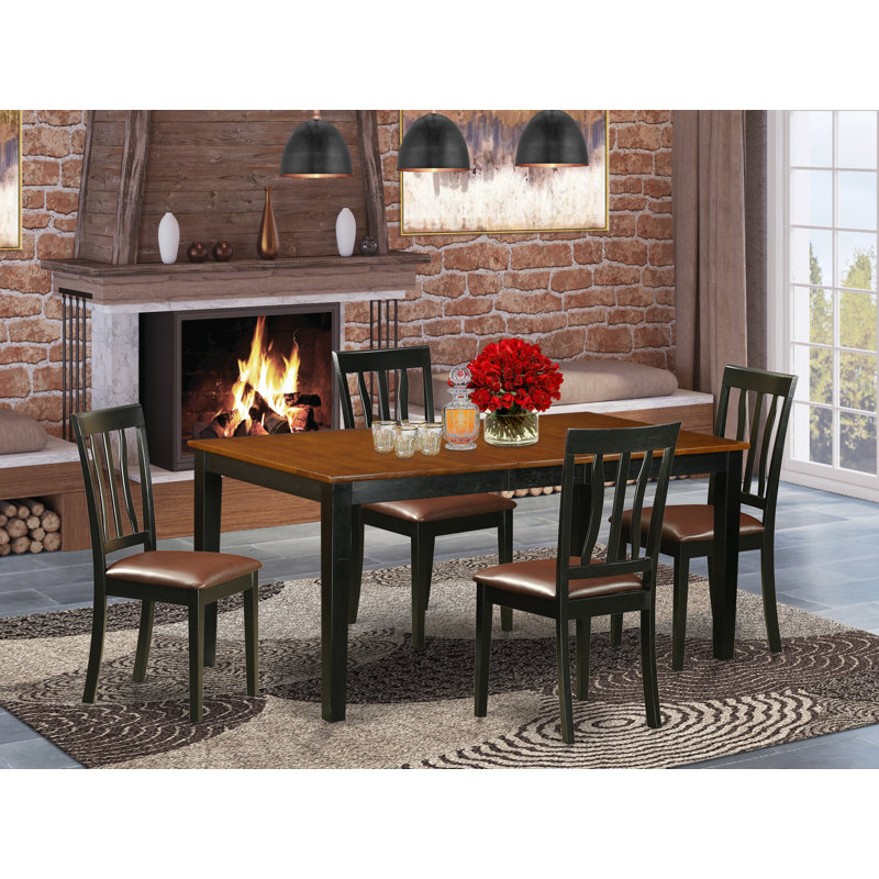Ensemble de table de cuisine 5 pièces pour 4 personnes comprenant une table de salle à manger rectangulaire avec rallonge papillon et 4 chaises en similicuir noir et cerise